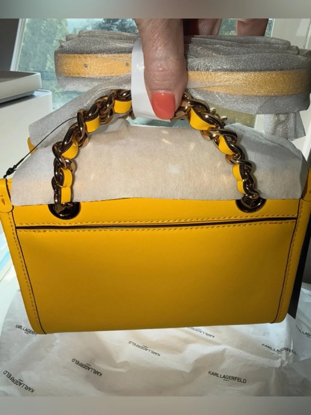 Karl Lagerfeld Bright Yellow Leather Chain Shoulder Bag